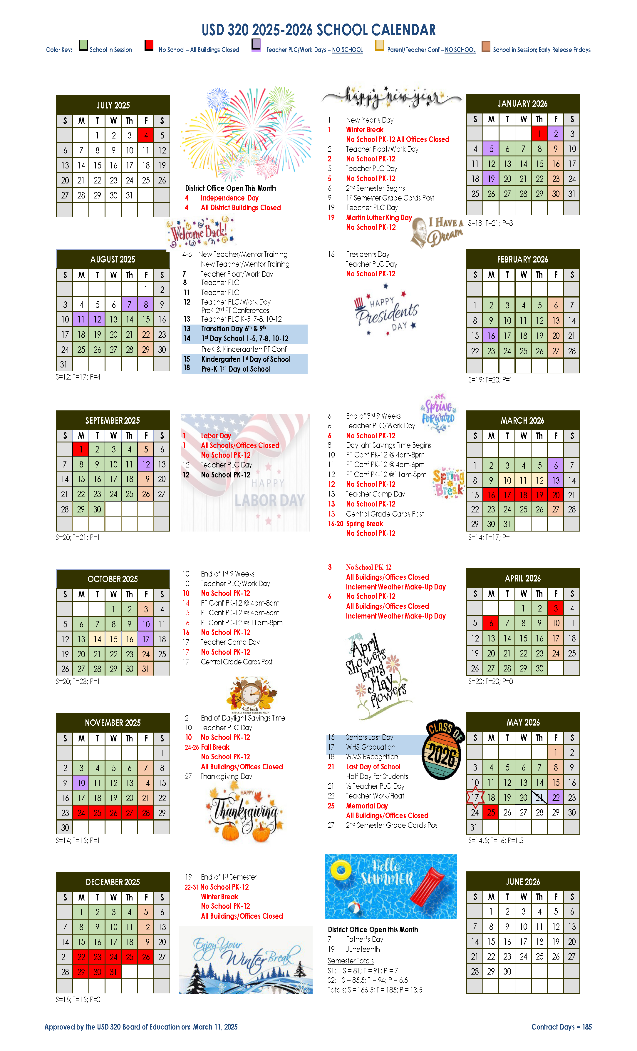 Color-coded 12 month calendar of school academic days.